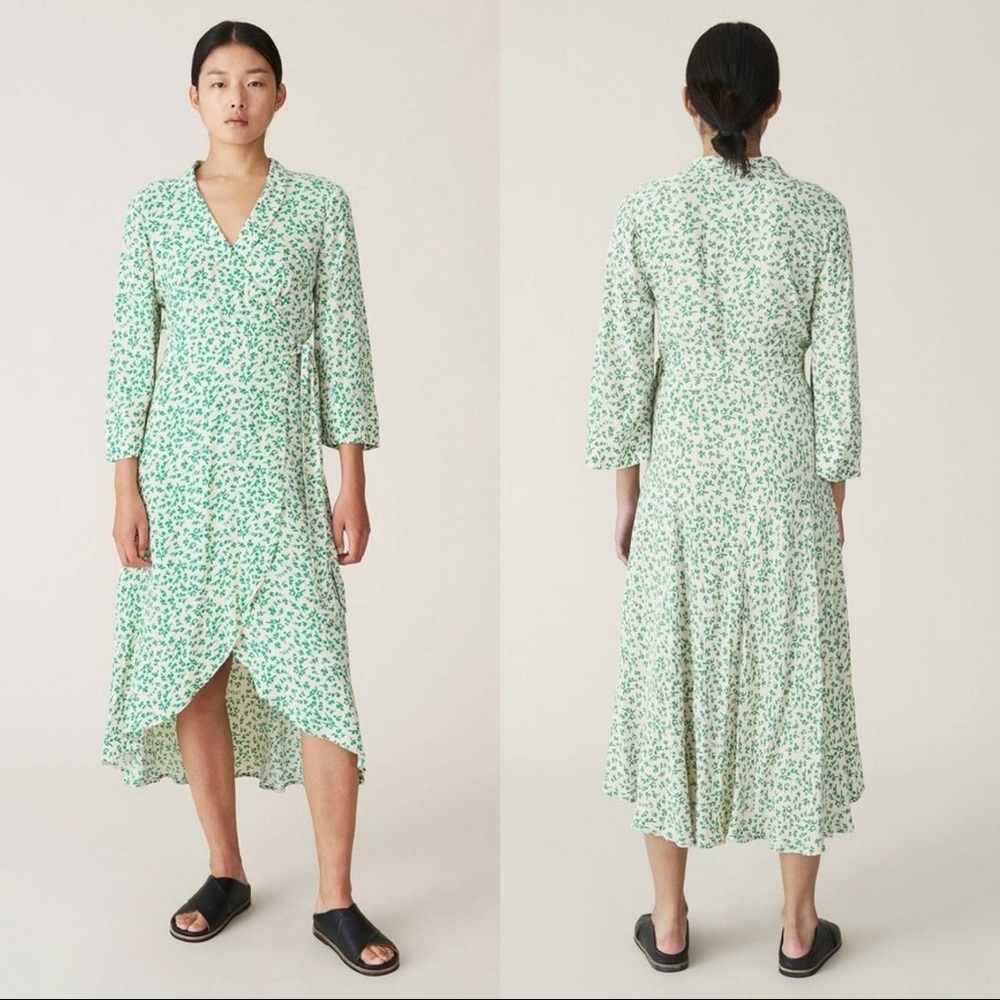 Ganni Printed Crepe Wrap Dress In Tapioca Floral - Picture 3 of 8